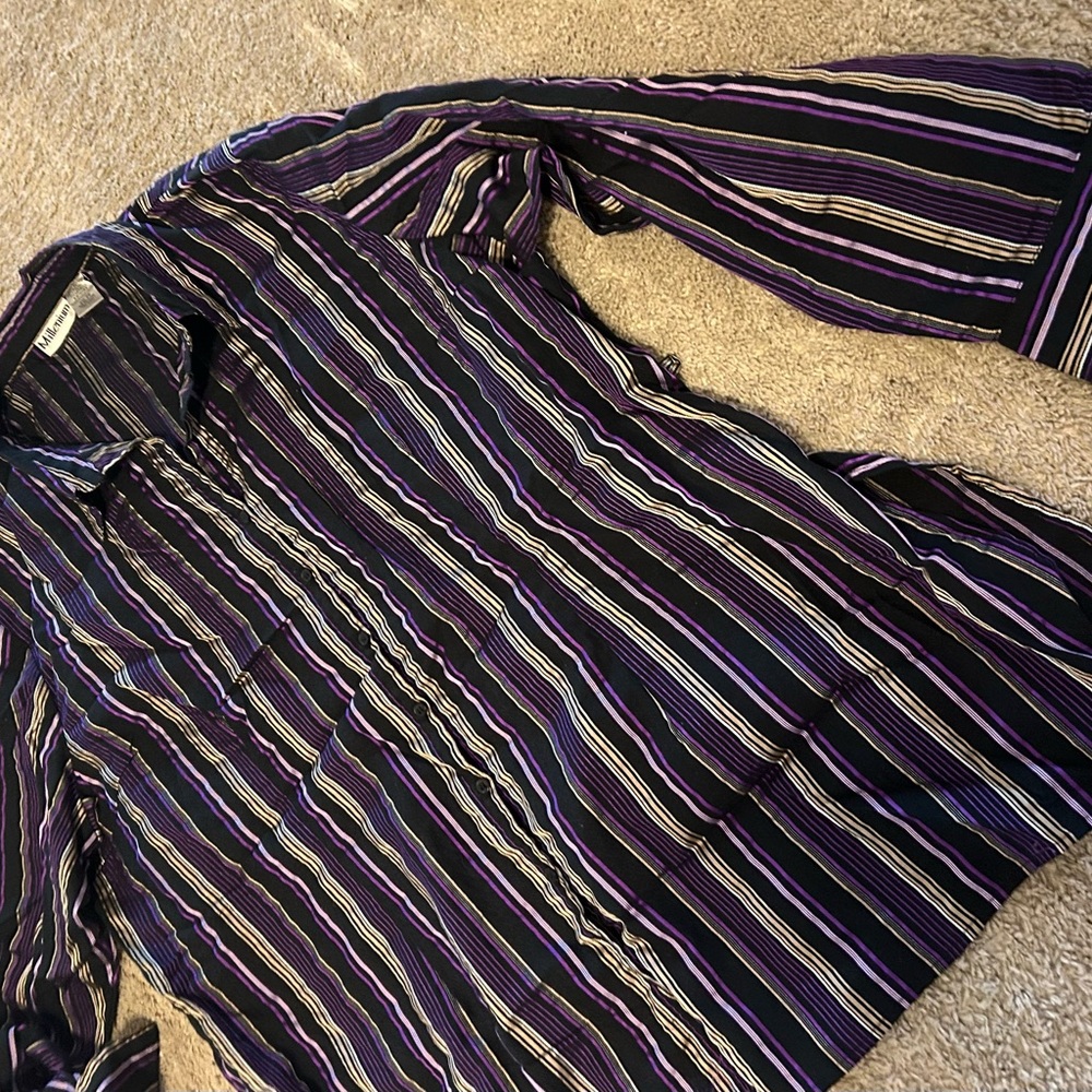 Millennium Black Striped Button-Up Shirt Purple & Stripes size 24 long sleeve